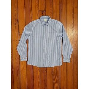 Brook Brothers Slim Fit Mens L Blue White Stripe 16.5 Non Iron Stretch Casual